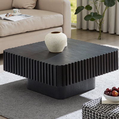 Table basse cylindrique moderne de 31,5 pouces fabriquée à la main, plateau carré en placage de bois avec piédestal robuste en panneau de fibres à densité moyenne, conception compacte pour le salon, table d'appoint de faible encombrement