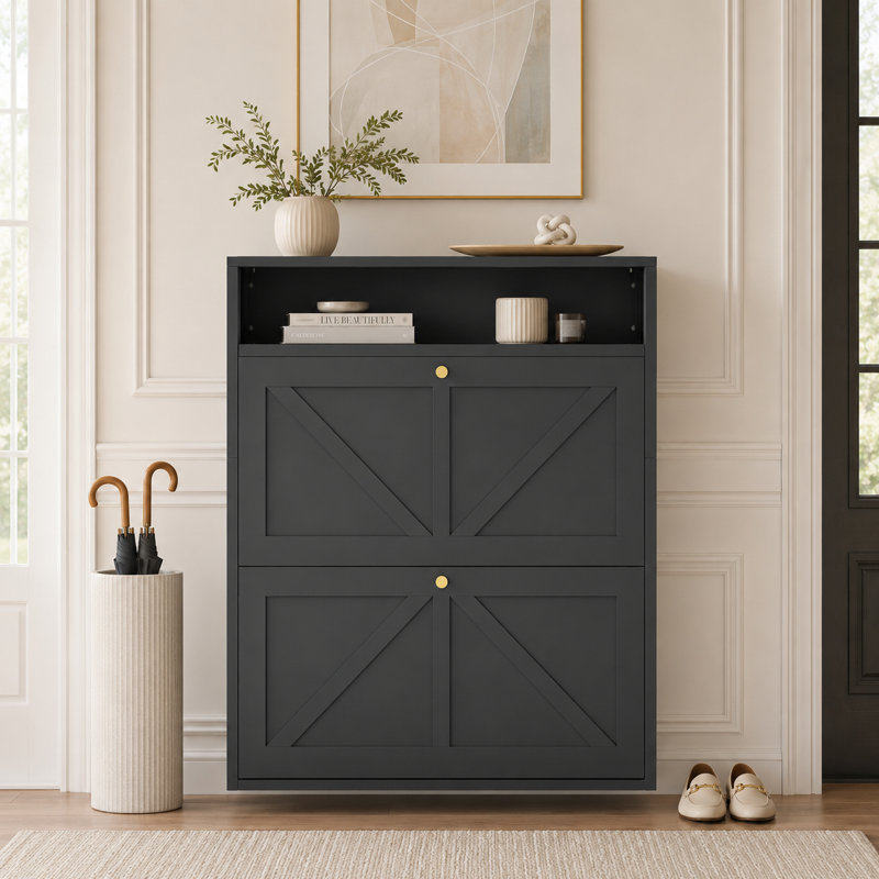 Armoire de rangement murale à chaussures mince en métal avec 2 tiroirs rabattables, étagère à chaussures étroite pour entrée, noir