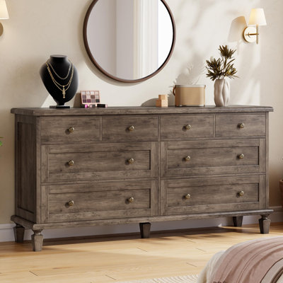 Commode vintage à 8 tiroirs - Grande commode en bois avec pieds fuselés et poignées sculptées - Grand meuble de rangement pour chambre, salon ou entrée - Finition vieillie - Gris vintage