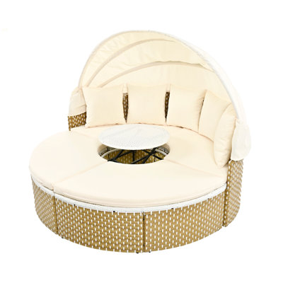 Patio Furniture Round Outdoor Sectional Sofa Set Rattan Daybed Two-Tone Weave Sunbed With Retractable Canopy, Separate Seating And Removable Cushion, Beige