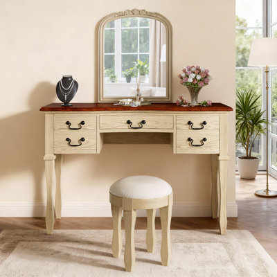 Coiffeuse de maquillage 46 po avec miroir incurvé à cadre floral, coiffeuse élégante avec 5 tiroirs et tabouret en cuir, coiffeuse avec pieds en bois massif et poignées antiques pour la chambre à coucher