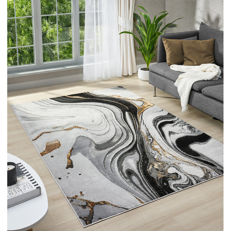 Modern Abstract Area Rug Swirls Contemporary Marble Colorful Carpet For Living Room Bedroom With Gold Lurex Accents, Black