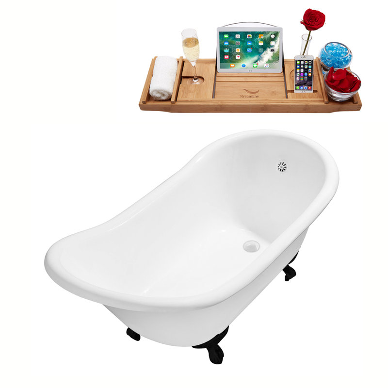 Baignoire de trempage sur pattes 67 "avec drain, pattes et plateau en bambou 67" Streamline, Blanc lustré, Noir mat