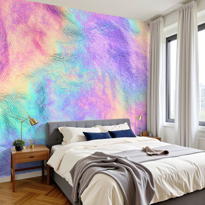 Papier peint adhésif auto-adhésif moderne l 144 po x H 100 po pour chambre à coucher Holographic texture réelle bleu rose vert rayures