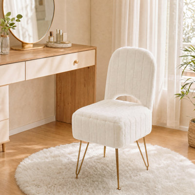 Tabouret de coiffeuse moderne avec dossier - Petit repose-pieds carré avec rangement dissimulé - Revêtement en fausse fourrure de lapin doux - Capacité de 280 lb - Fauteuil de maquillage idéal - Blanc, petit, fourrure de lapin