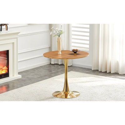 Table de salle à manger ronde, table tulipe ronde de 31,5 po avec plateau de table épaissi et piédestal en métal, table de bistro moderne Mid-Century pour la cuisine, les petits espaces, le salon et le café (faux noyer)