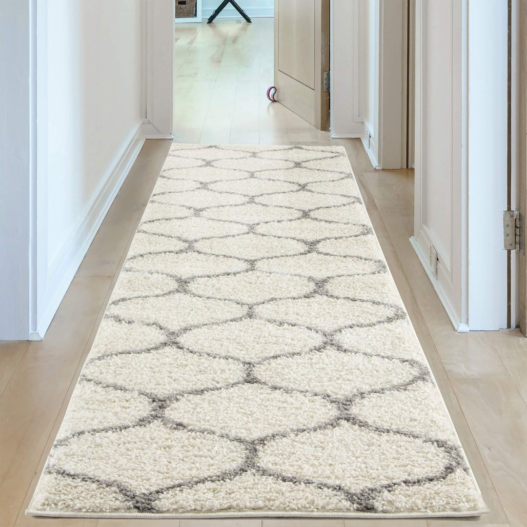 THE RUGS Soft Trellis Shaggy Rugs & Runners Ivory & Grey Living Room | Size: 80cm x 300cm - Image 3