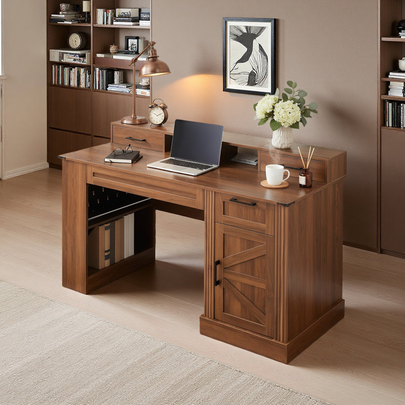 Bureau d'écriture 55 "avec armoire de rangement et station de charge, bureau d'écriture avec porte de grange et plateau pour clavier