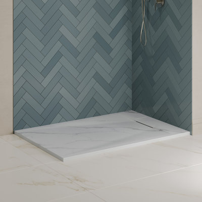 Receveur de douche rectangulaire extra-plat Lenora 122 cm x 81 cm avec bonde latérale dissimulée, blanc Carrara