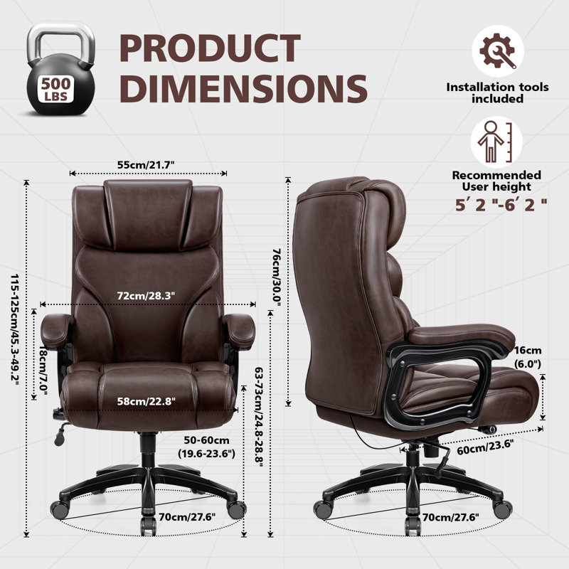 Fauteuil de direction luxueux en cuir avec support lombaire réglable, Brun