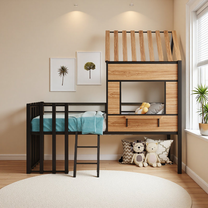 Metal Twin Size Loft Bed With Roof, Window, Guardrail, Black