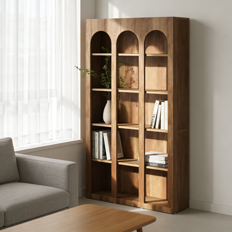 Bibliothèque nordique en bois, étagères de rangement en bois naturel à plusieurs niveaux, salon sur pied et unité de rangement d'étude