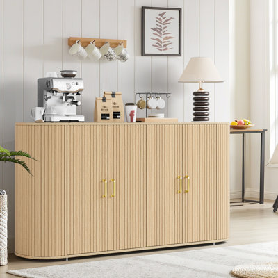 Modern Curved Sideboard Buffet Cabinet - 63" Oak Fluted Design - Adjustable Shelves - Multipurpose Storage Console for Dining Room, Kitchen, Living Room, Entryway - Oak Color