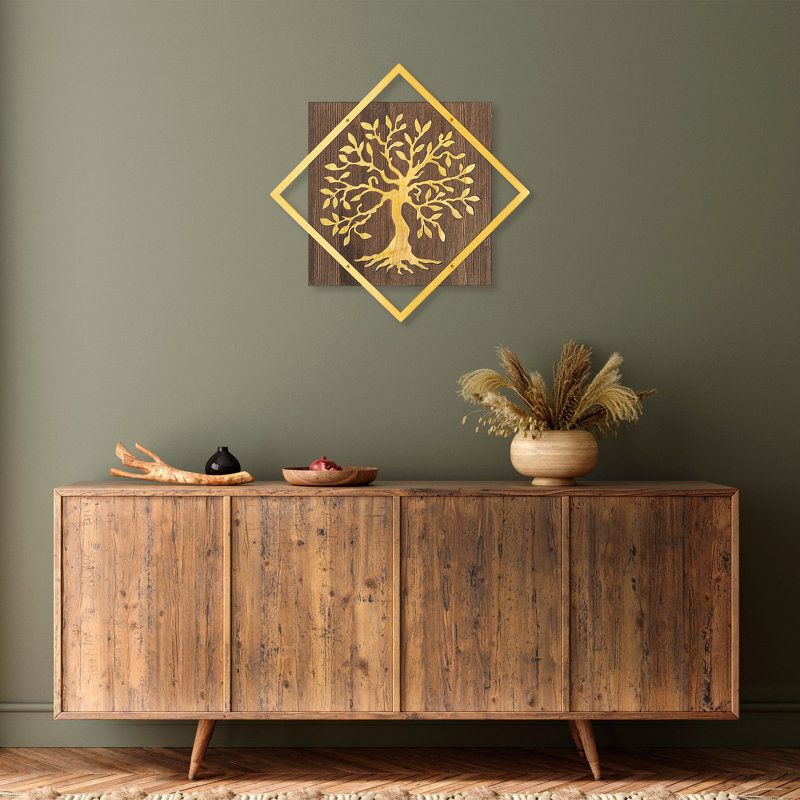 Elegant Decorative Wooden Wall Accessory, Walnut & Gold Finish, 21.3 x 21.3 inches | 50% Real Wood (Thickness: 1.2 inches) & 50% Metal (Thickness: 0.06 inches) | Perfect for Home Décor, Unique Color Variations
