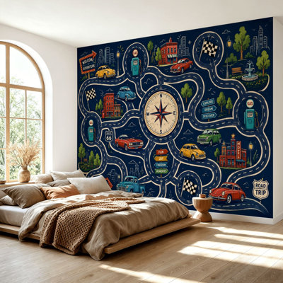 Papier peint adhésif autocollant coloré, feuille de route pour enfants, voitures, camions, stations-service, rues ludiques, papier autocollant amovible, contact mural pour salon, chambre à coucher H 69 po x l 96 po