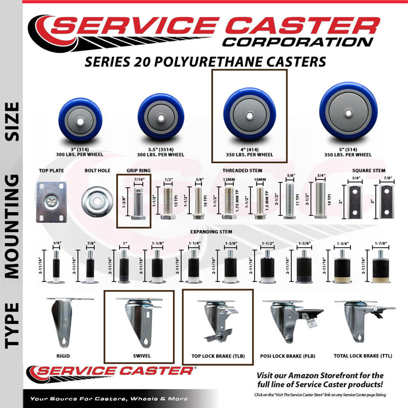 4 Piece Poly Grip Ring Caster Set with 2 Brakes