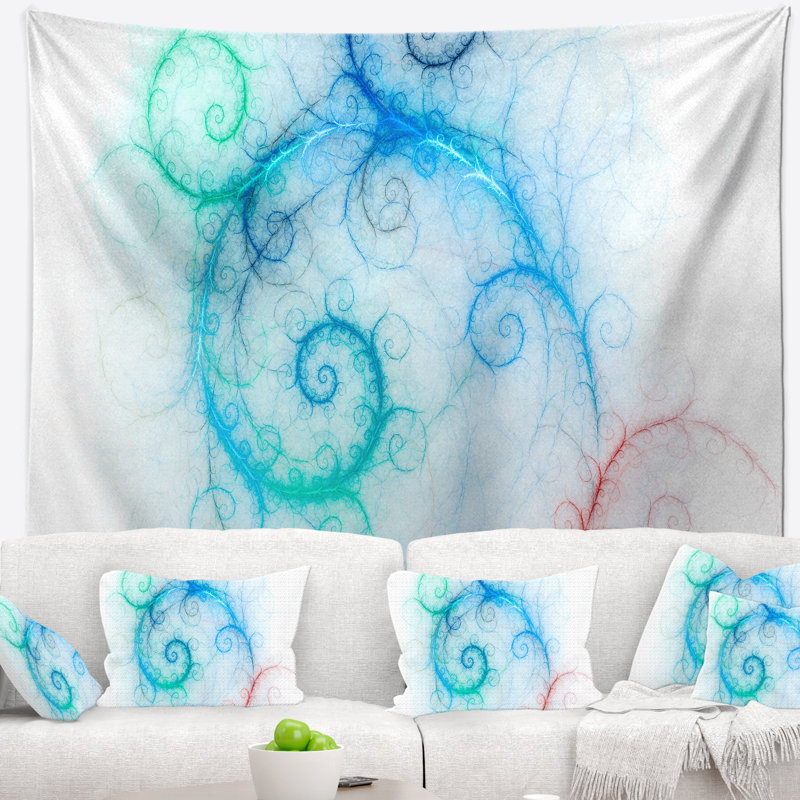 Abstrait magnifique tapisserie bleue à motif fractal, H 78 po x l 92 po