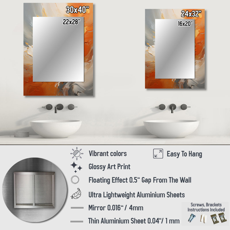 Golden Orange Surge - Abstract Spirals Large Mirror, Modern Unique Wall Mirror Decor, Printed Metal Art, 32" x 24"