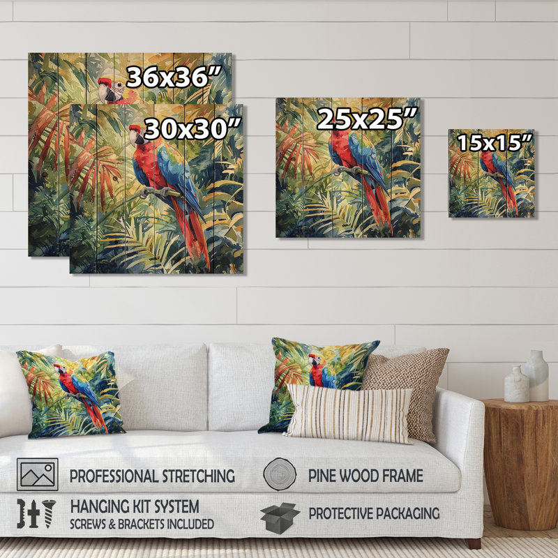 Perroquet tropical dans la forêt tropicale I - Art mural en bois de perroquet - sur bois de pin naturel