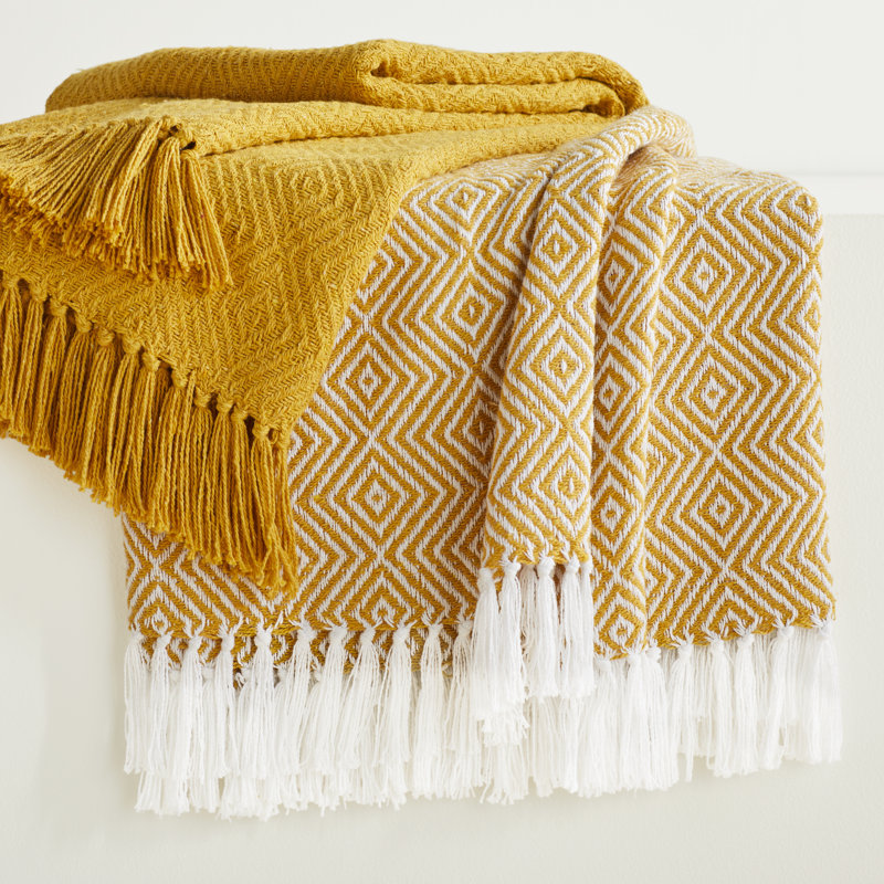 Jeté 100% coton, Moutarde, Géométrique / couleur unie