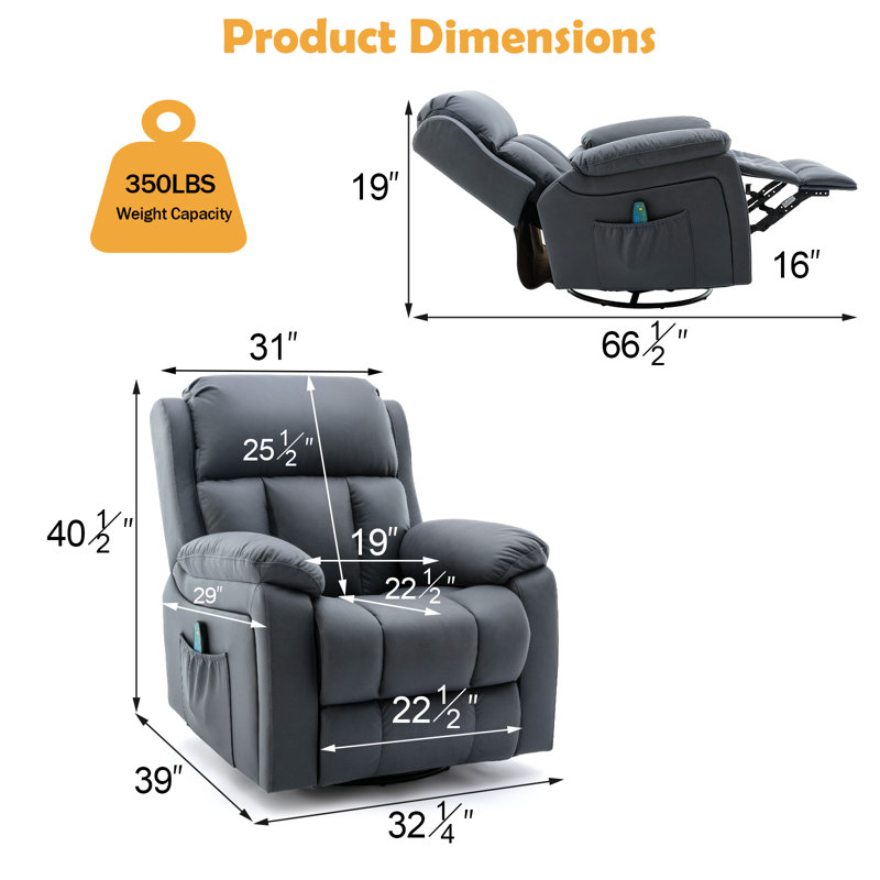 Oversize Manual Swivel Massage Recliner Chair With Heat And Vibration, Gray Microsuede