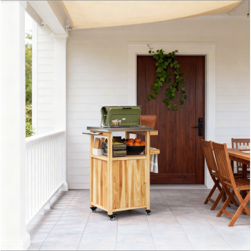 Îlot de cuisine en bois, chariot de barbecue extérieur, plateau en acier inoxydable, roulettes, trou intégré