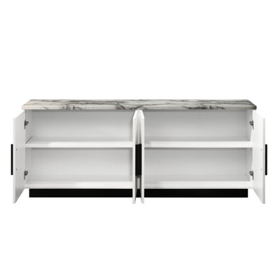 Console d'apparence blanche en marbre de 63 po, 4 portes, tablette réglable, base contrastante noire, pour un bâtiment de 63 po avec espace de rangement