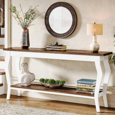 Console rétro vintage avec 2 tablettes, canapé extra long pour grands canapés modulaires et couloirs, rangement de vestibule blanc et brun