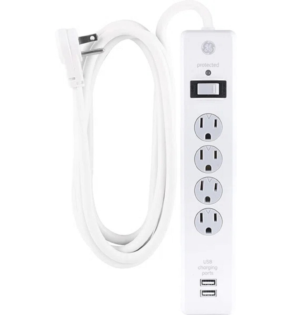 GE 8-ft 4-Outlet 2-USB-A 800J, White, 25798 GE