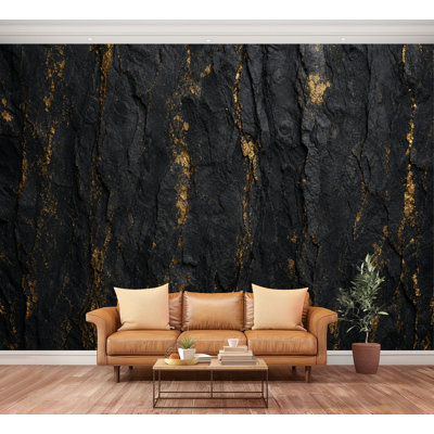 Wall Mural Peel and Stick Wallpaper Black Surface Gold Streaks Abstract Design Self-Adhesive Removable Contact Paper Wall Decor for Living Room Bedroom 100"H x 144"W