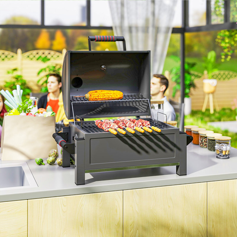 Fumoir de table avec couvercle, petit barbecue, noir