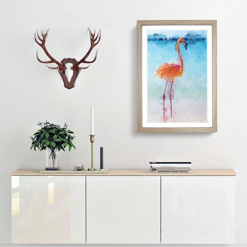 Lone Flamingo in Abstract - Picture Frame Graphic Art Print, 50cm H x 35cm W x 2cm D, Oak