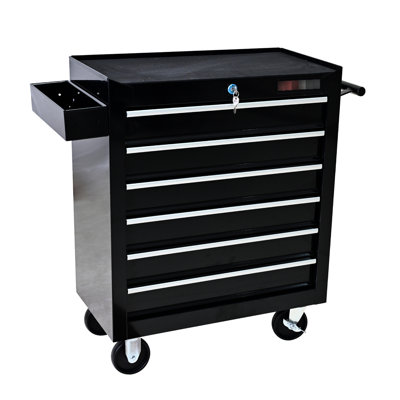 Heavy Duty Tool Chest With 6 Drawers And Lock, Powder Coated - Black Drawer Industrial Cart Lock Wheels