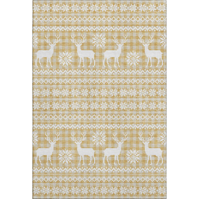 Premium Machine Washable Dockside AMF1820 Reindeers and Snowflakes Rug