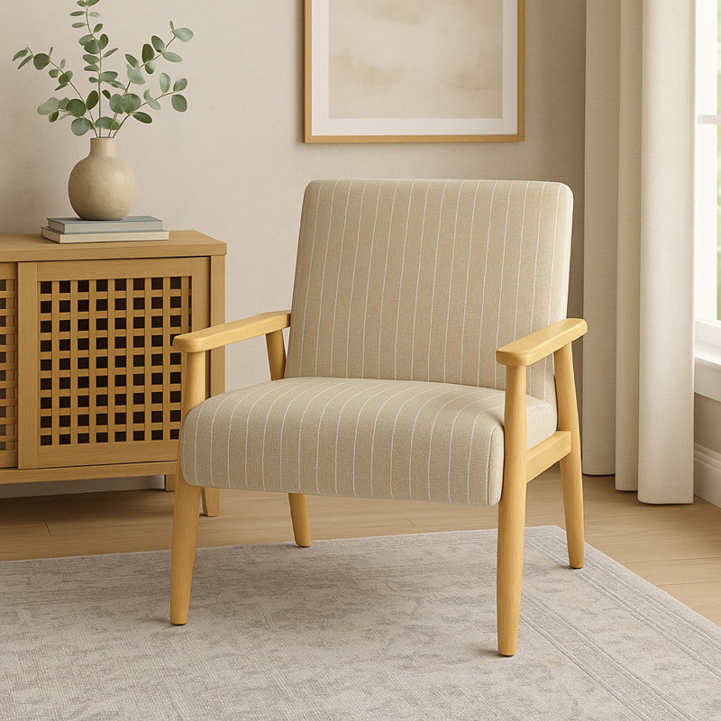 Fauteuil d'appoint, tissu à rayures beige et blanc, bois massif