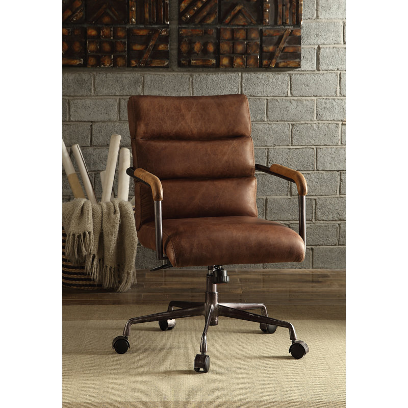 Élégant mobilier de bureau en cuir brun - Chaise pivotante avec siège réglable avec fonction de levage rétro, rembourrage confortable, structure en métal, chic