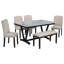 Table de salle à manger de style moderne 6 pièces avec 4 chaises et 1 banc, table avec placages marbrés et pieds en V