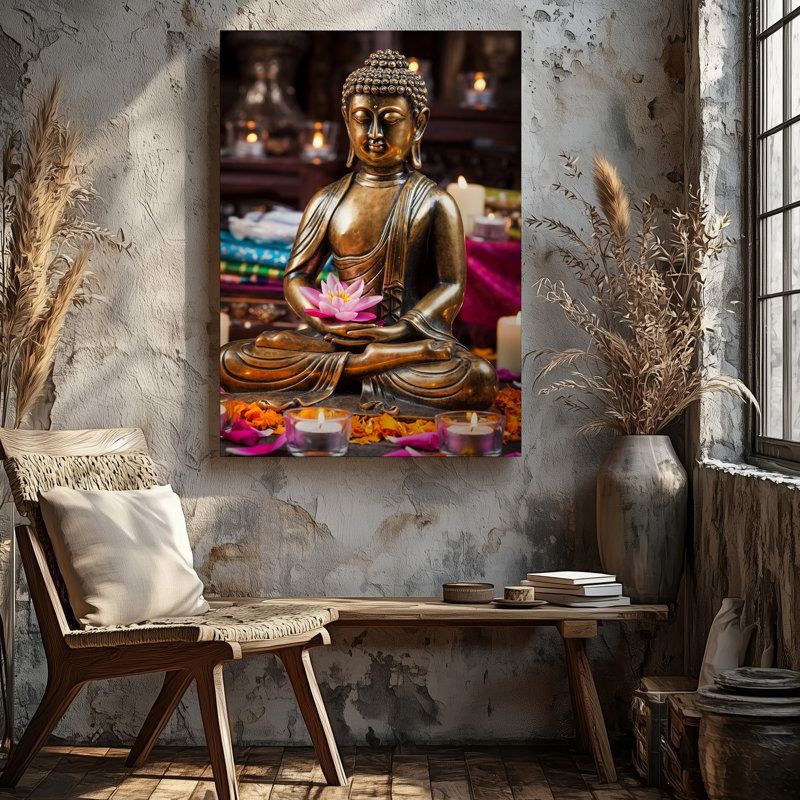 Toile, statue sereine de Bouddha posée gracieusement au centre, art mural orné d'une délicate fleur rose posée sur ses genoux, art sur toile
