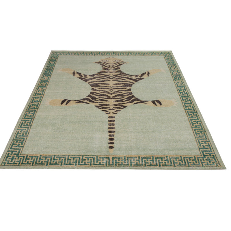 Rug & Kilim’S Classic Pictorial Tiger Rug In Green Distressed, Beige/Brown/Green, Rectangle 9' x 12'