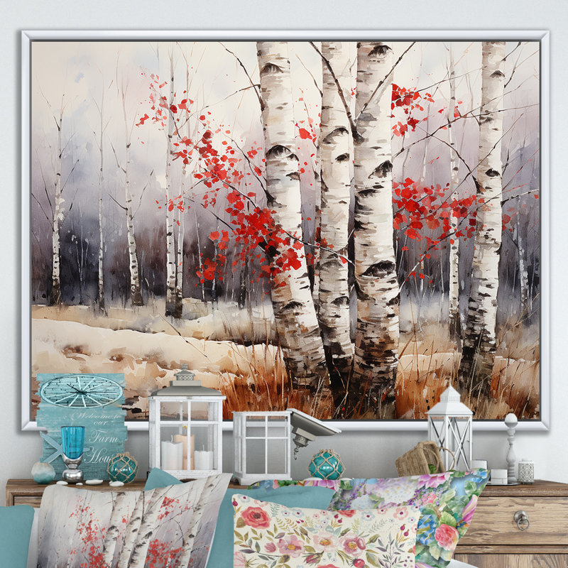 Bois de bouleau blanc et rouge en hiver III - Art mural bouleau, 30" H x 40" W, Cadre flottant blanc