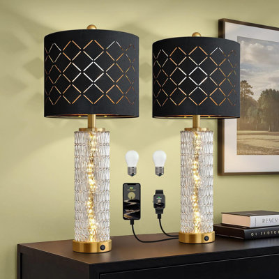 Lampes de table modernes, lampe de chevet avec veilleuse en cristal, abat-jour en grille, lampes de bureau uniques (abat-jour doré / noir / ensemble de 2)