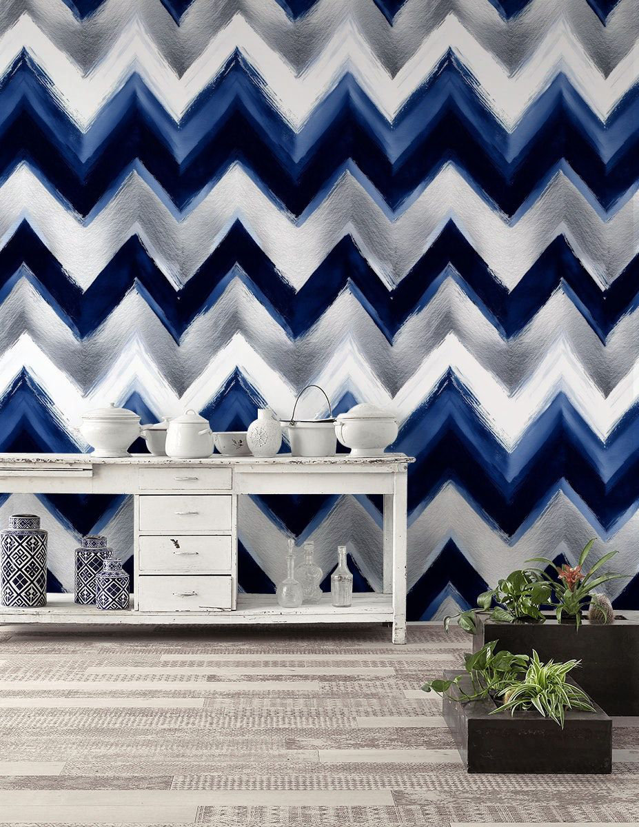 Lark Manor™ Chevron Wallpaper Blue Silver Peel And Stick Modern Wall ...