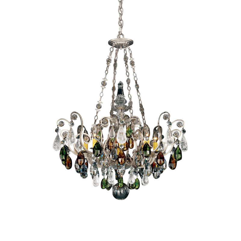 Renaissance 8 - Light Chandelier, Antique Silver, Olivine and Smoke Topaz Rock Crystal