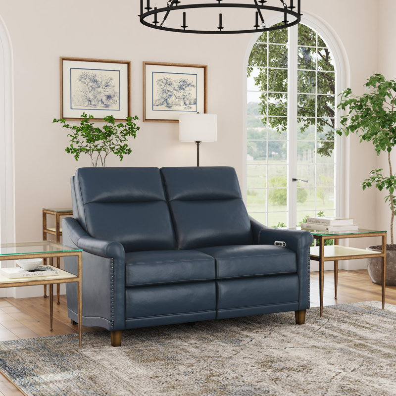 Causeuse inclinable électrique en cuir Elizabeth, Cuir véritable bleu