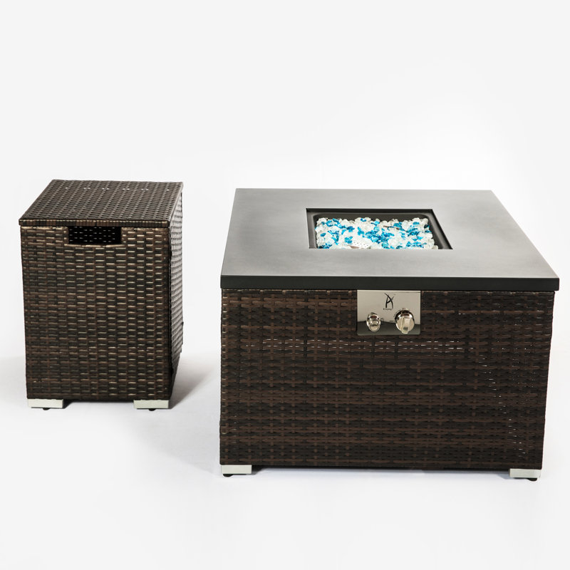 Table de foyer d'extérieur au propane 50000 avec un design carré de 32 pouces, un brûleur en acier inoxydable, un allumeur à impulsion électronique, un couvercle de réservoir séparé et une fonction réglable de flamme pour une utilisation extérieure au gaz, sur table, brun foncé