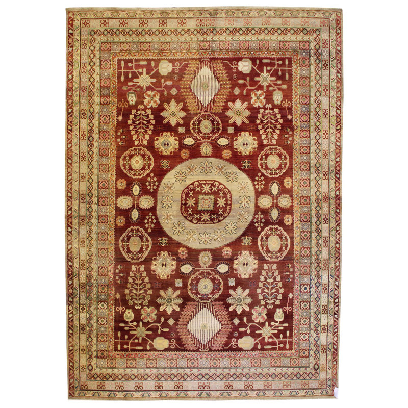 Tapis rouge nouvel âge en laine tissé à la main de conception unique 11 pi x 15 pi 3 po Khotan