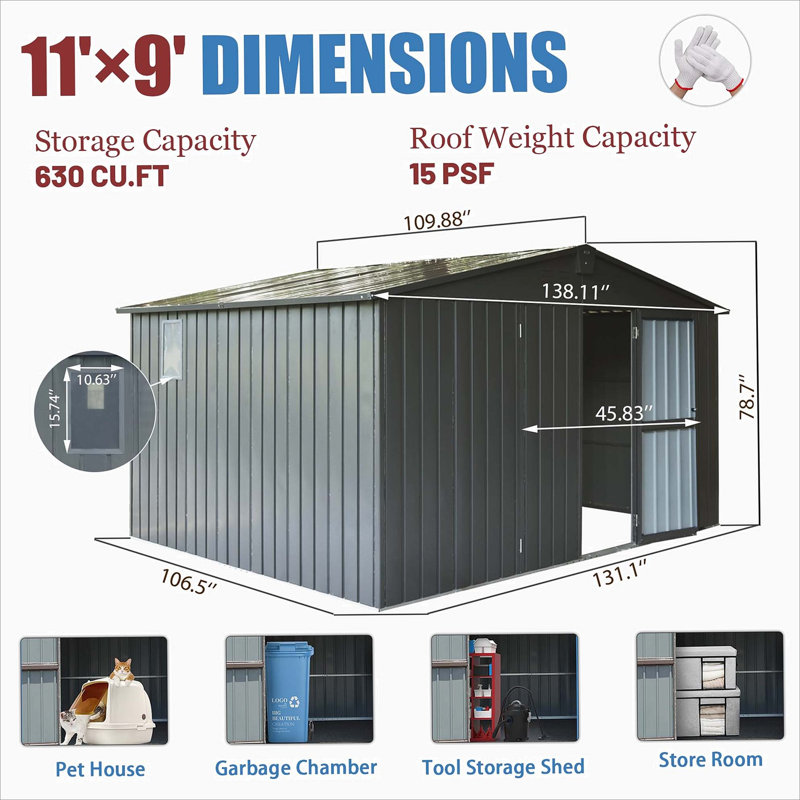 Shed 11'X 9' With Galvanized Steel Frame & Windows, Outdoor Garden Shed Metal Utility Tool Storage Room, Dark Gray