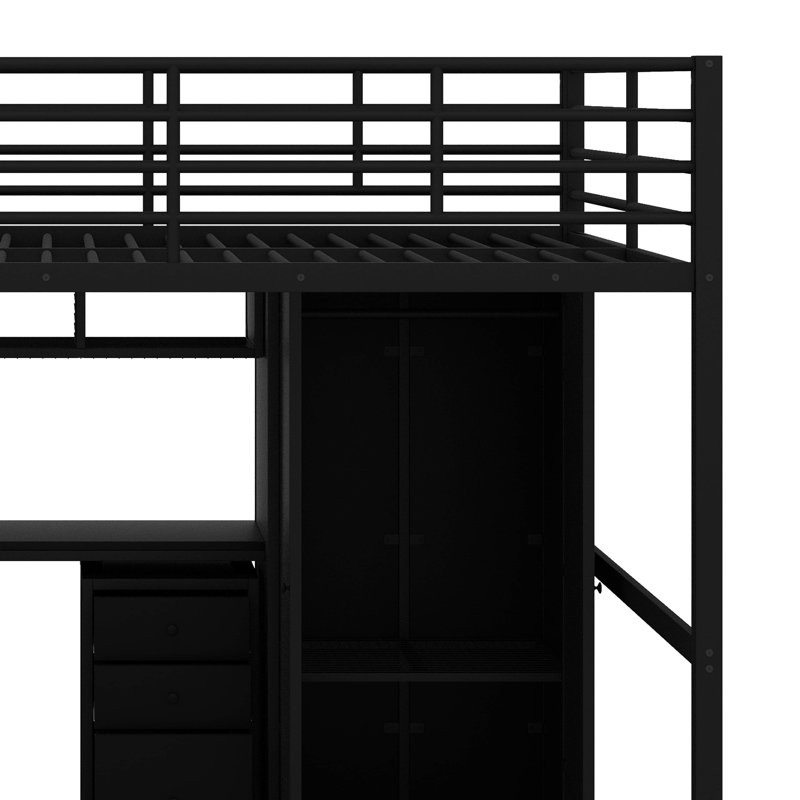Lit mezzanine double en métal avec garde-robe et table