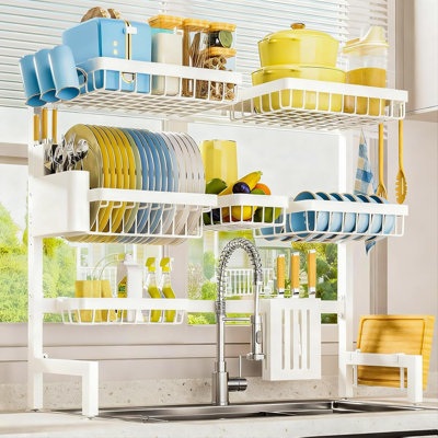Dish Drying Rack Over The Sink, Dish Drainer for Kitchen Counter | Stainless Steel Storage Organizer with Utensil Knife Holder & Hooks, Adjustable 11.8"Dx31.5"~39"Wx30"H, White