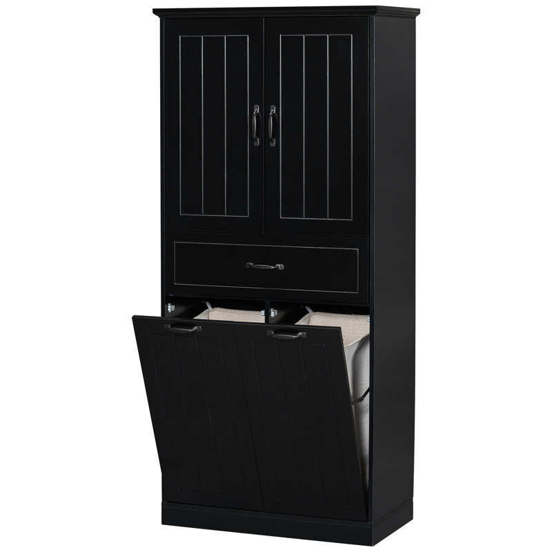 Bathroom Storage With 2 Laundry - Black Finish & User- Design Cabinet Doors Drawer, Black